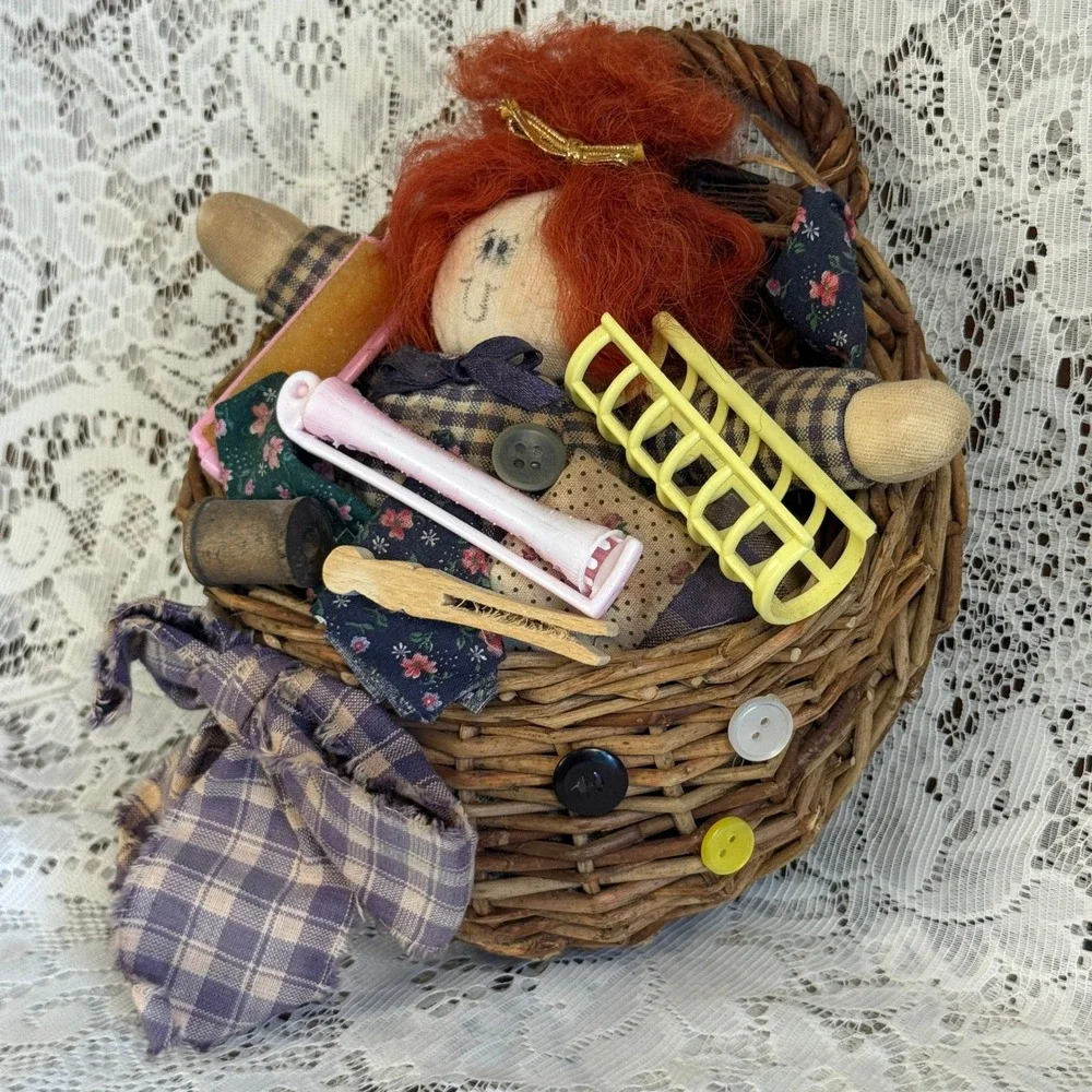 Primitive Country Rag Doll Wicker Wall Basket Farmhouse Decor Laundry Notions